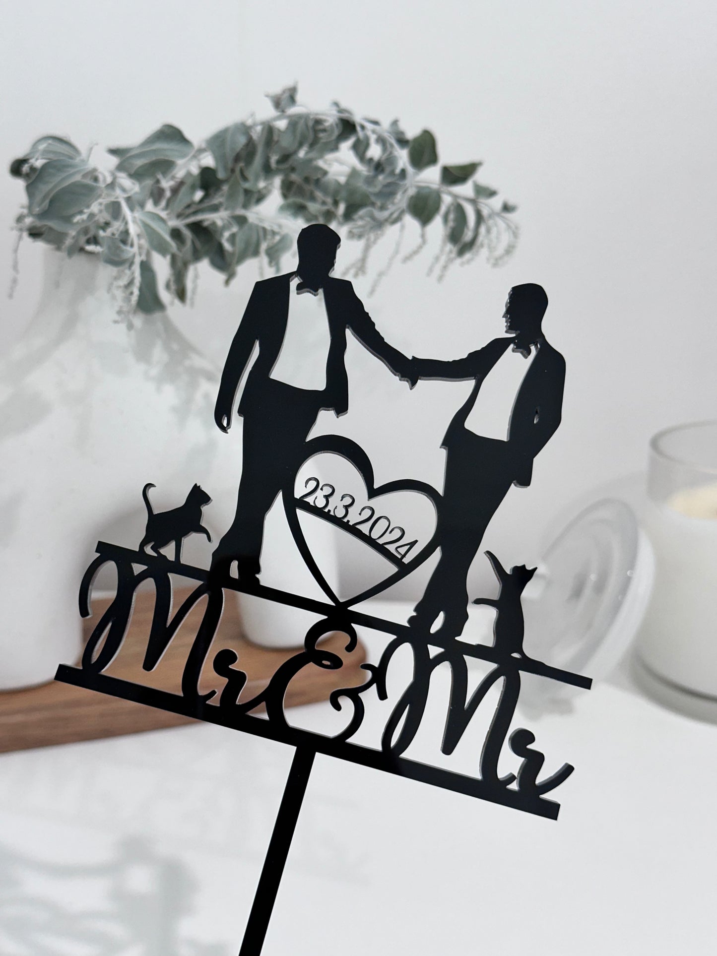 Mr & Mr with Cats Custom Acrylic Cake Topper
