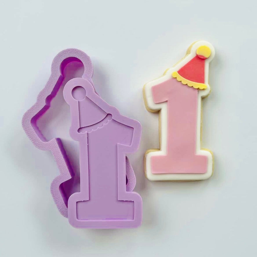 Number One (1) with Party Hat Cookie Stamp & Cutter | One Party Animal