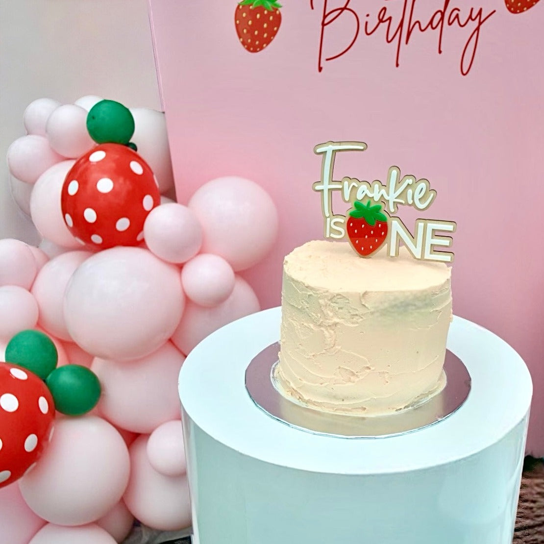 Berry First Birthday Strawberry Acrylic Name Cake Topper