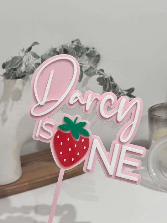 Berry First Birthday Strawberry Acrylic Name Cake Topper