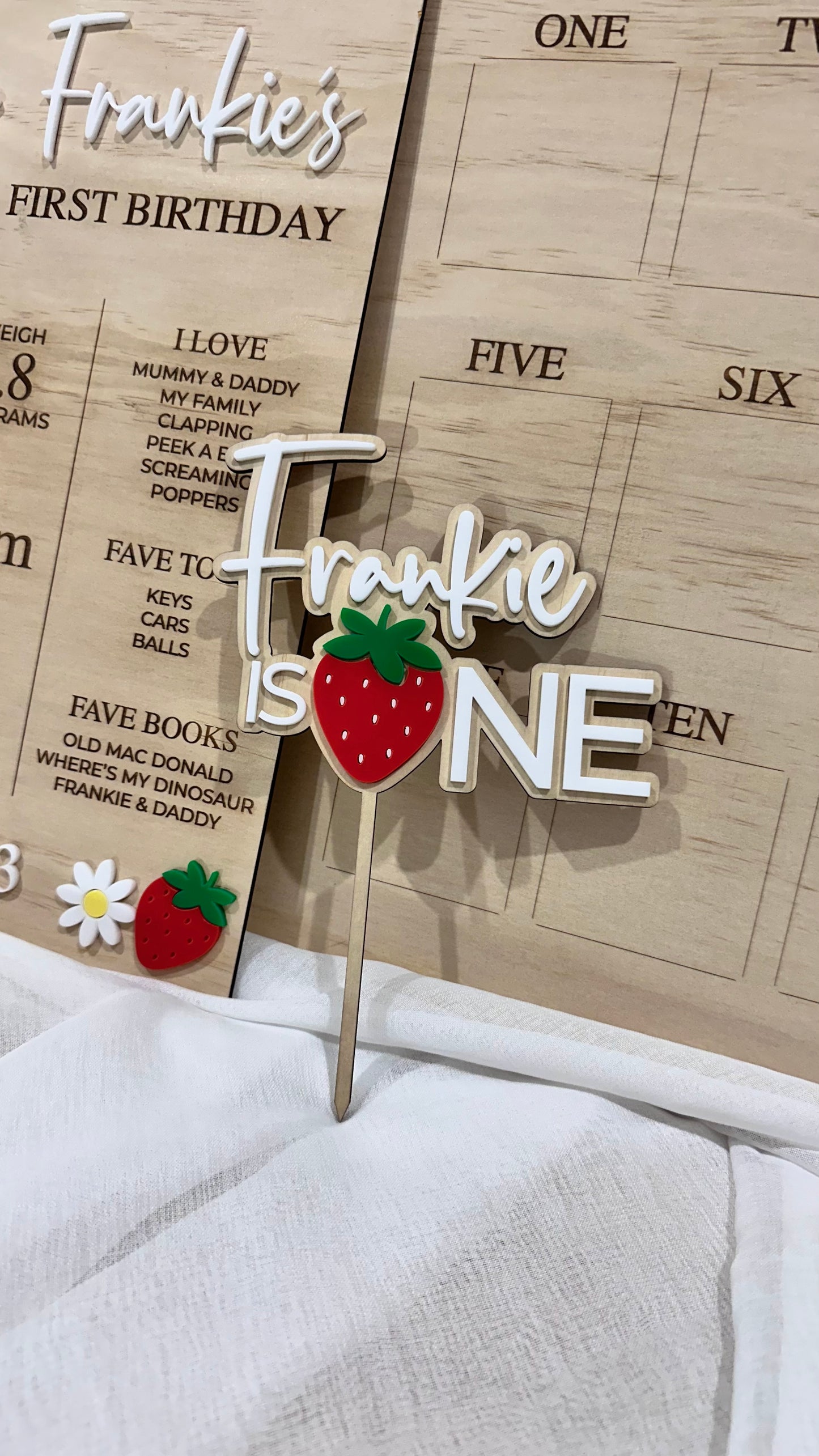 Berry First Birthday Strawberry Acrylic Name Cake Topper