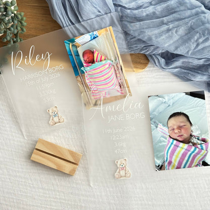 Personalised Newborn Announcement Plaque | Girl or Boy Teddy Bear Style with Photo