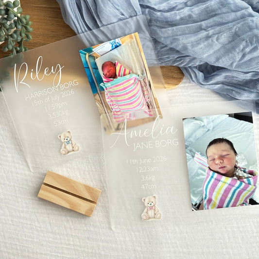 Personalised Newborn Announcement Plaque | Girl or Boy Teddy Bear Style with Photo