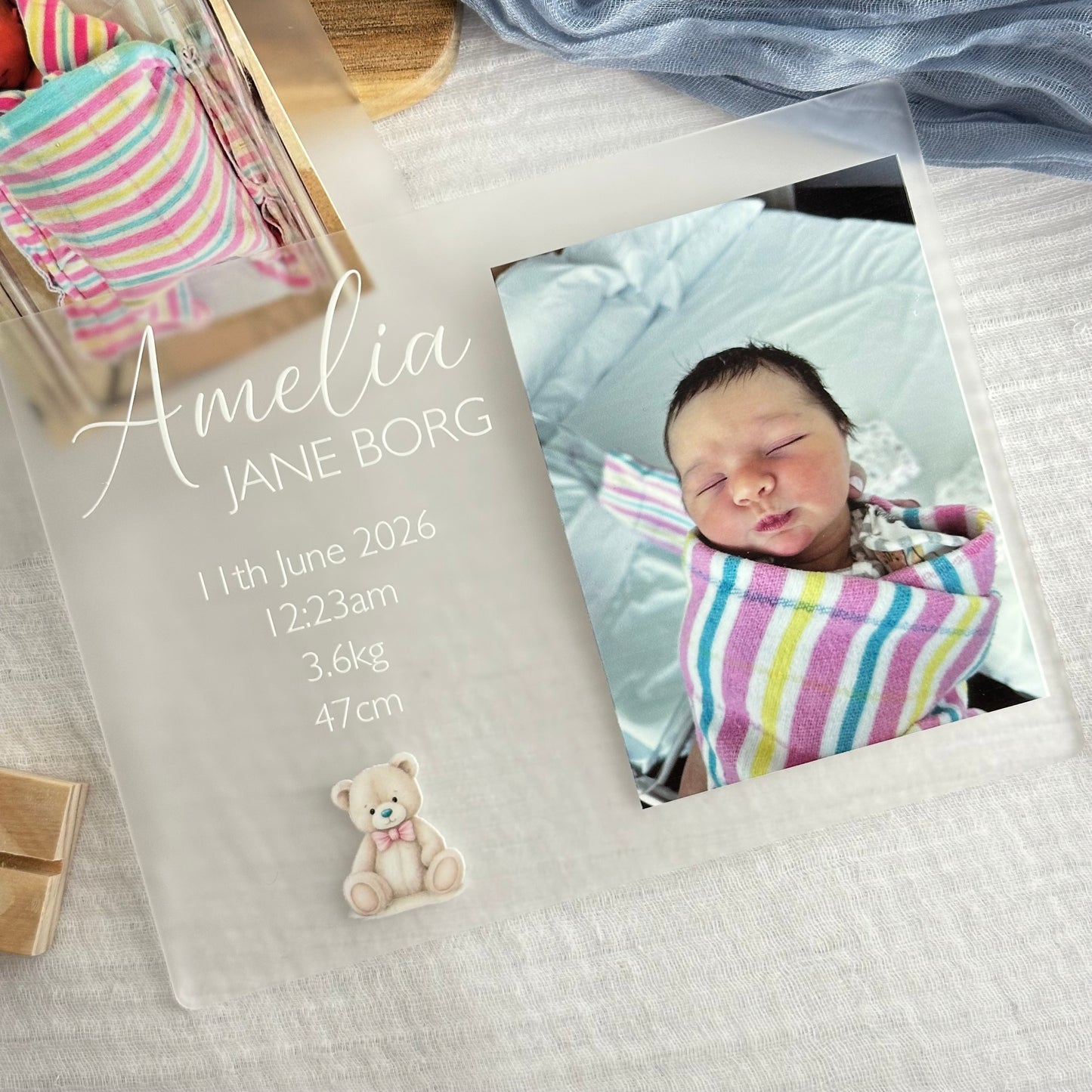 Personalised Newborn Announcement Plaque | Girl or Boy Teddy Bear Style with Photo
