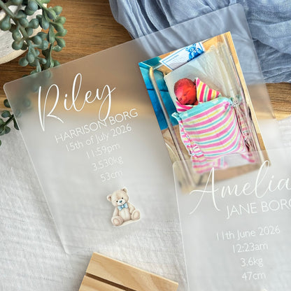 Personalised Newborn Announcement Plaque | Girl or Boy Teddy Bear Style with Photo