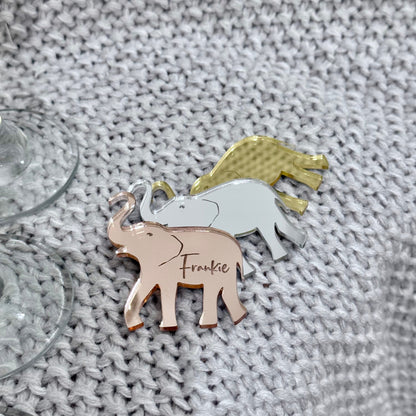 Elephant Acrylic Drink Tag | Personalised Place Card Champagne Cocktail Charm Silver Gold Wedding Engagement Hens Birthday Animal Zoo Theme