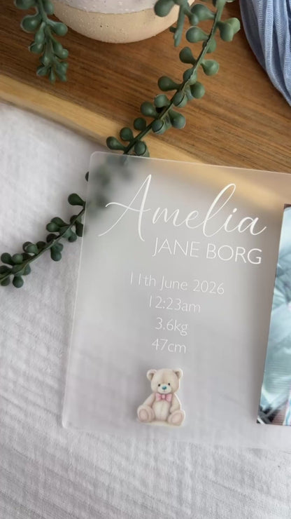 Personalised Newborn Announcement Plaque | Girl or Boy Teddy Bear Style with Photo