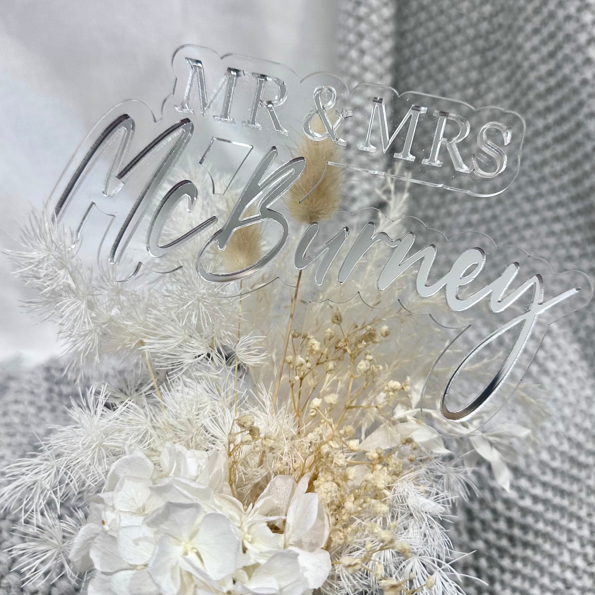 Mr & Mrs Cake Topper | Bride and Groom Surname Name Acrylic Cake Decor Modern Floating Gold Silver Rose Mirror Word Hen's Bridal Wedding