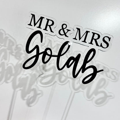 Mr & Mrs Cake Topper | Bride and Groom Surname Name Acrylic Cake Decor Modern Floating Gold Silver Rose Mirror Word Hen's Bridal Wedding