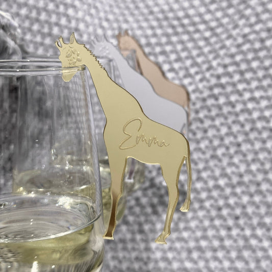 Giraffe Acrylic Drink Tag | Personalised Place Card Champagne Cocktail Charm Silver Gold Wedding Engagement Hens Birthday Animal Zoo Theme