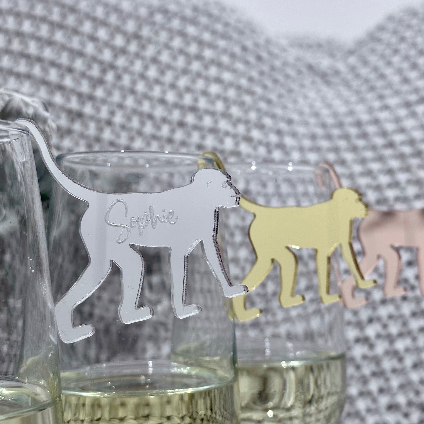 Monkey Acrylic Drink Tag | Personalised Place Card Champagne Cocktail Charm Silver Gold Wedding Engagement Hens Birthday Animal Zoo Theme